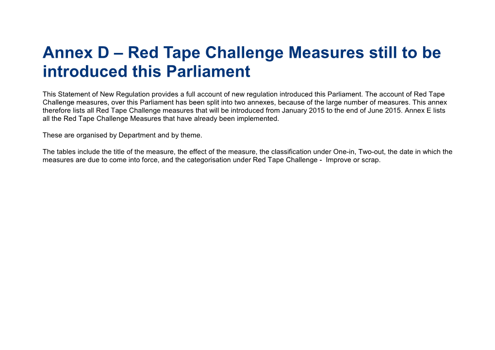 Annex D – Red Tape Challenge Measures Still to Be Introduced This Parliament