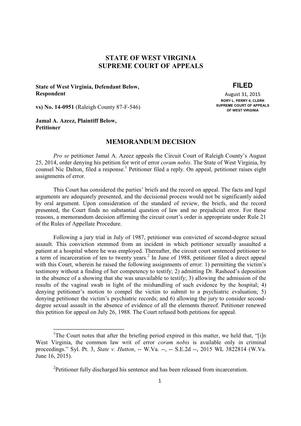Memorandum Decision, State of West Virginia V. Jaml A. Azeez, No. 14-0951