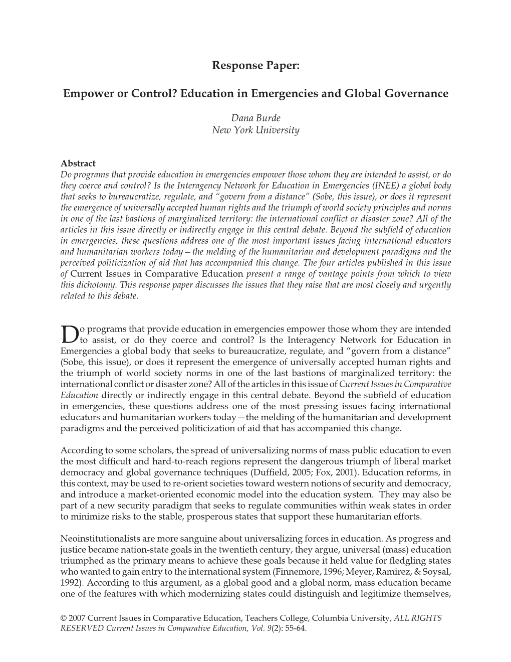 Education in Emergencies and Global Governance