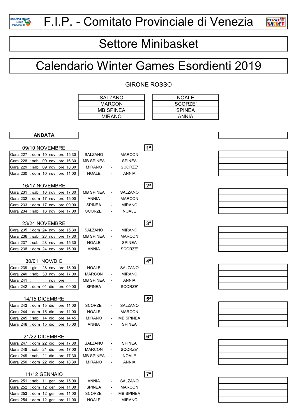 F.I.P. - Comitato Provinciale Di Venezia Settore Minibasket Calendario Winter Games Esordienti 2019