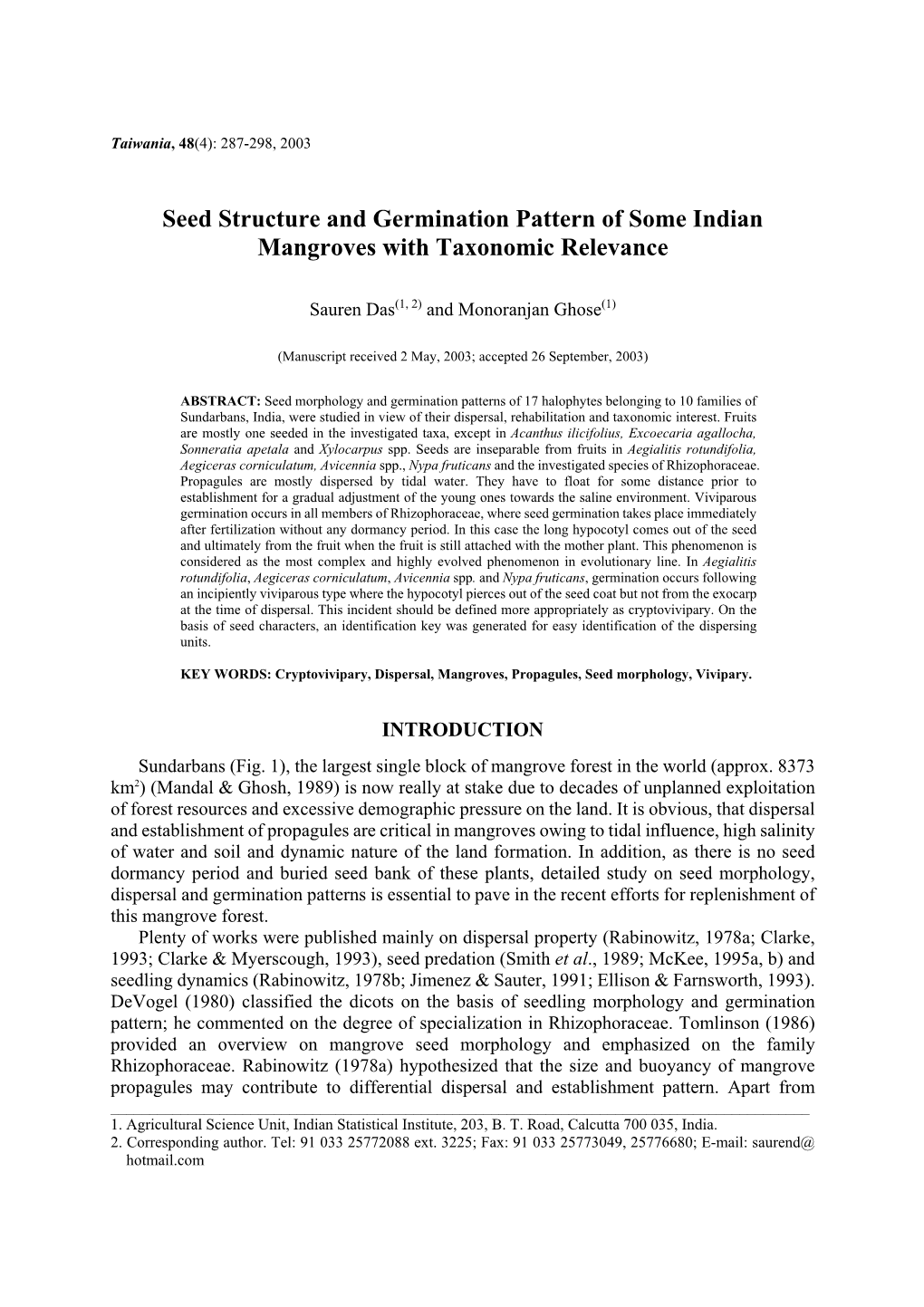 Seed Structure and Germination Pattern of Some Indian Mangroves with Taxonomic Relevance