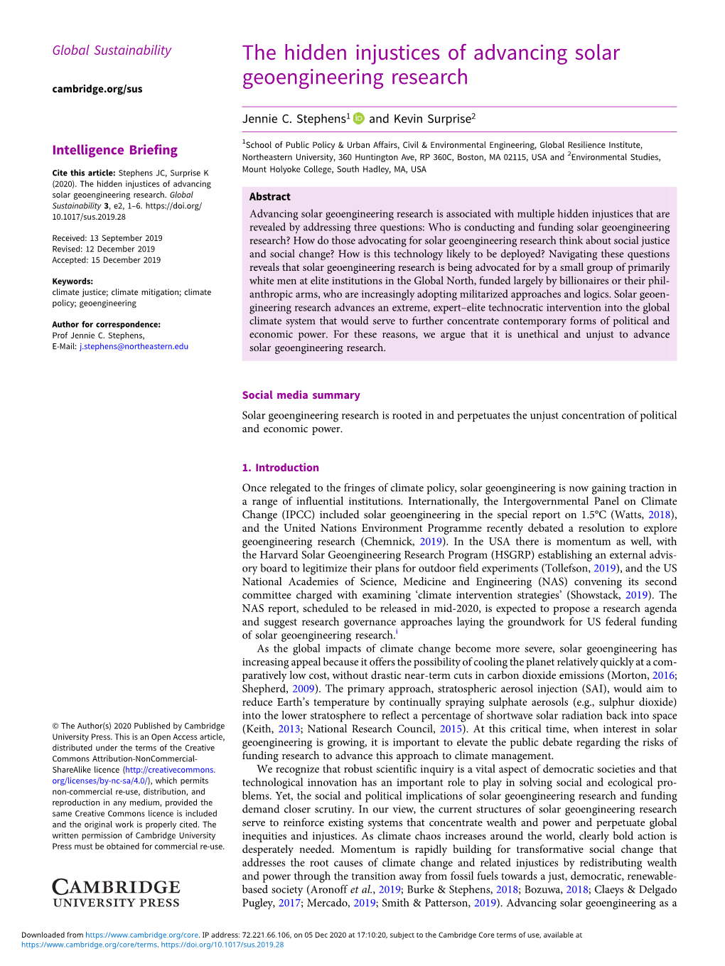 The Hidden Injustices of Advancing Solar Geoengineering Research Cambridge.Org/Sus