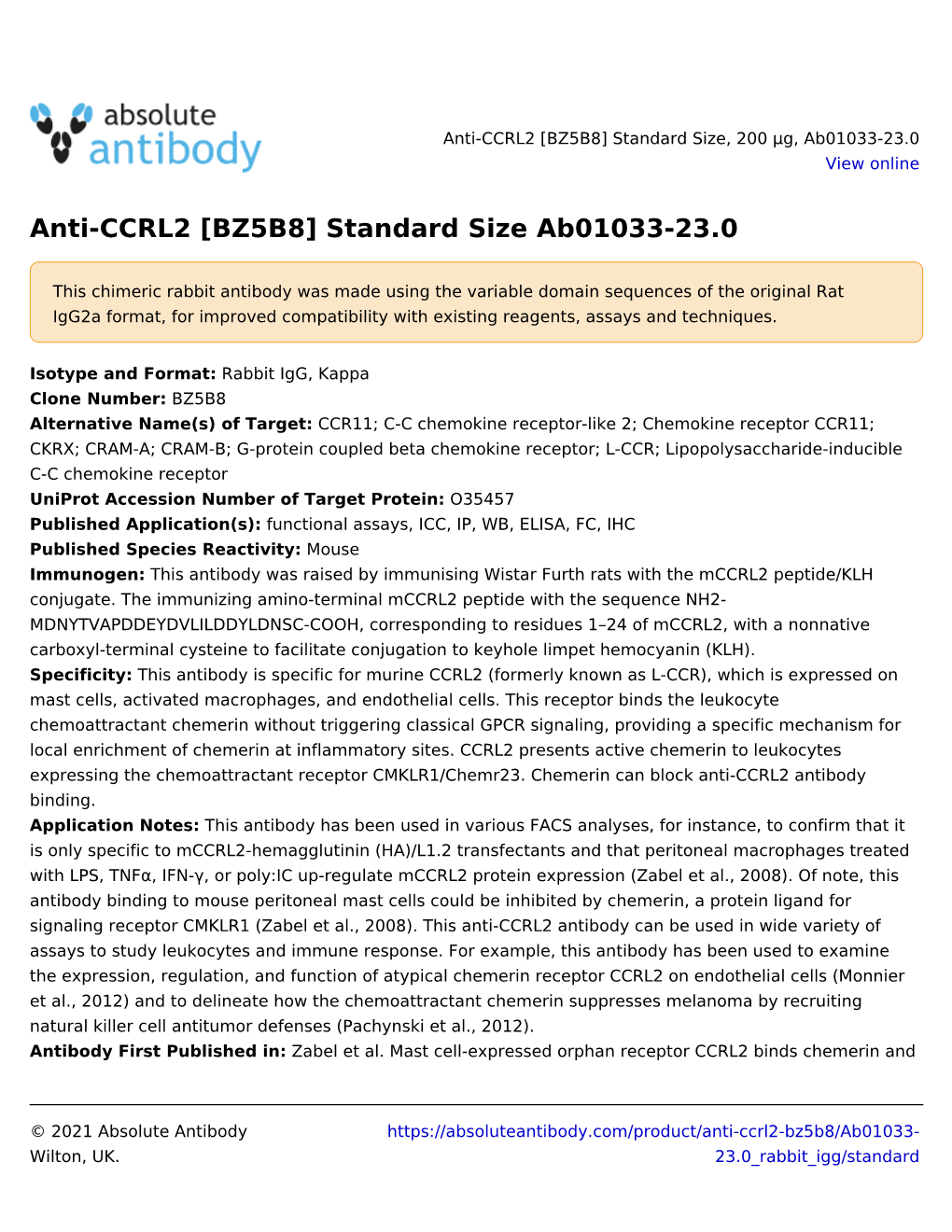 Anti-CCRL2 [BZ5B8] Standard Size, 200 Μg, Ab01033-23.0 View Online