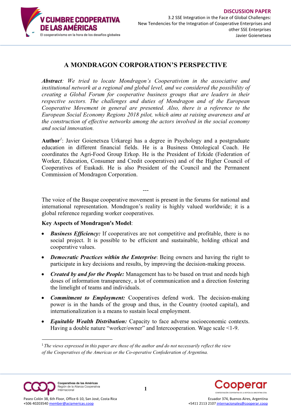 A Mondragon Corporation's Perspective