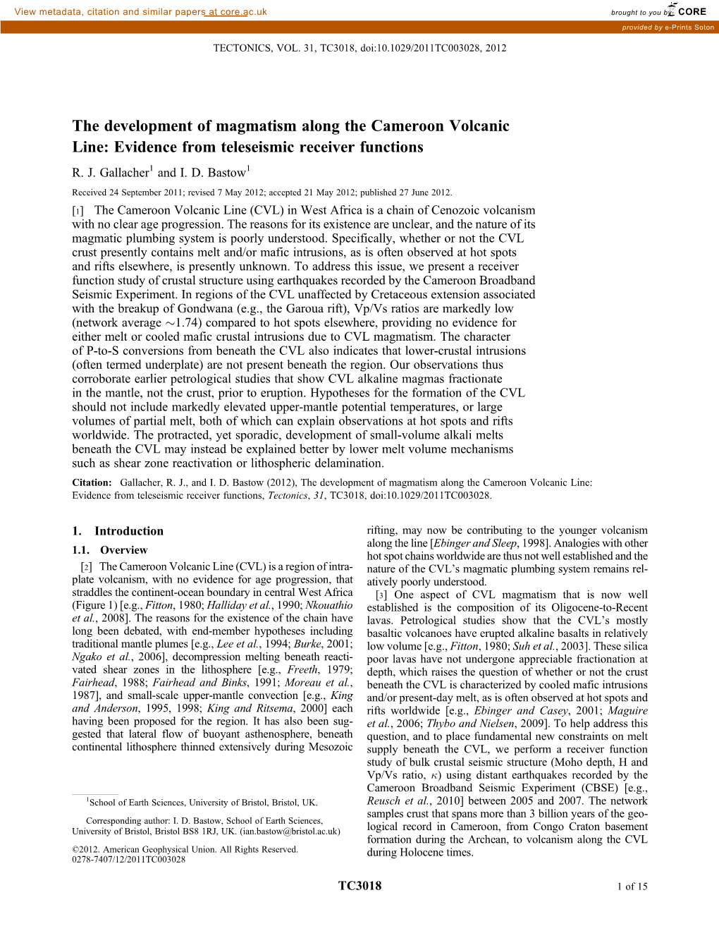 The Development of Magmatism Along the Cameroon Volcanic Line: Evidence from Teleseismic Receiver Functions R