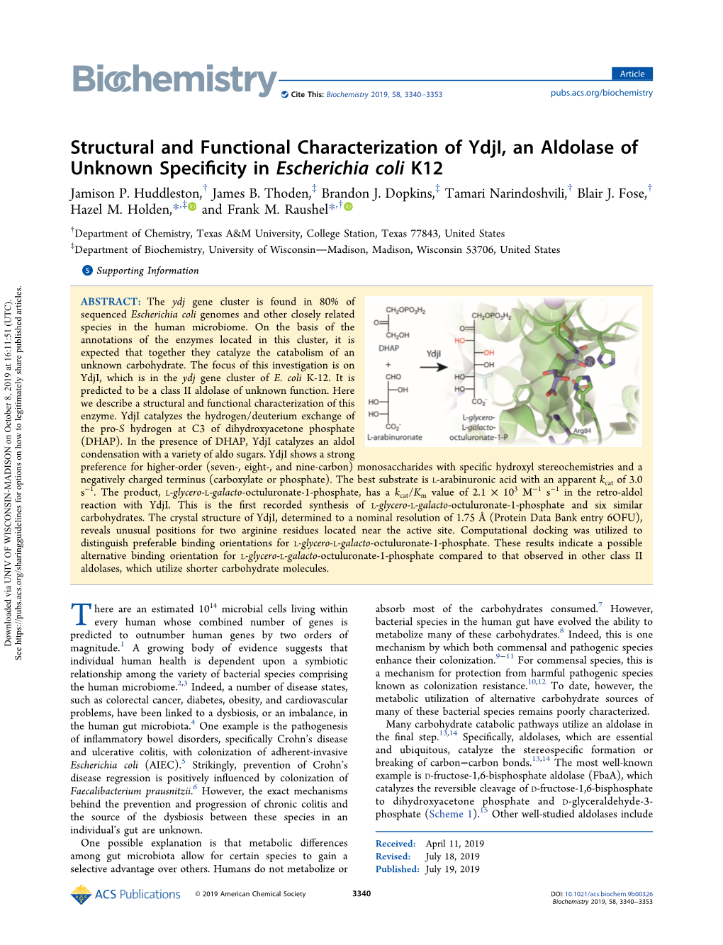 Structural and Functional Characterization of Ydji, an Aldolase of Unknown Speciﬁcity in Escherichia Coli K12 Jamison P