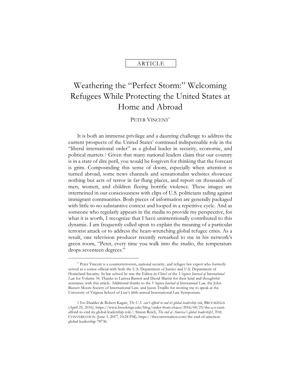 Weathering the “Perfect Storm:” Welcoming Refugees While Protecting the United States at Home and Abroad