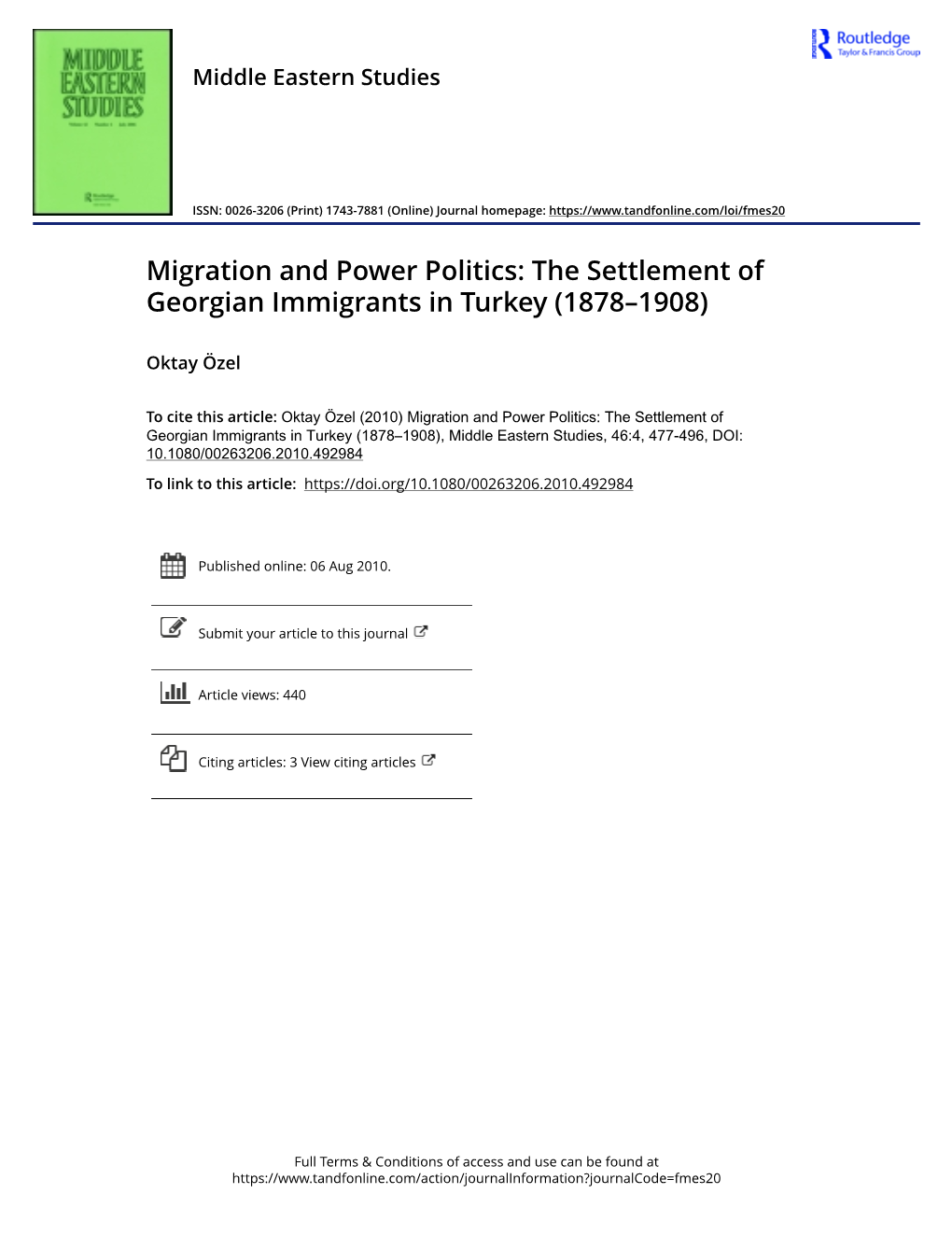 Migration and Power Politics: the Settlement of Georgian Immigrants in Turkey (1878–1908)