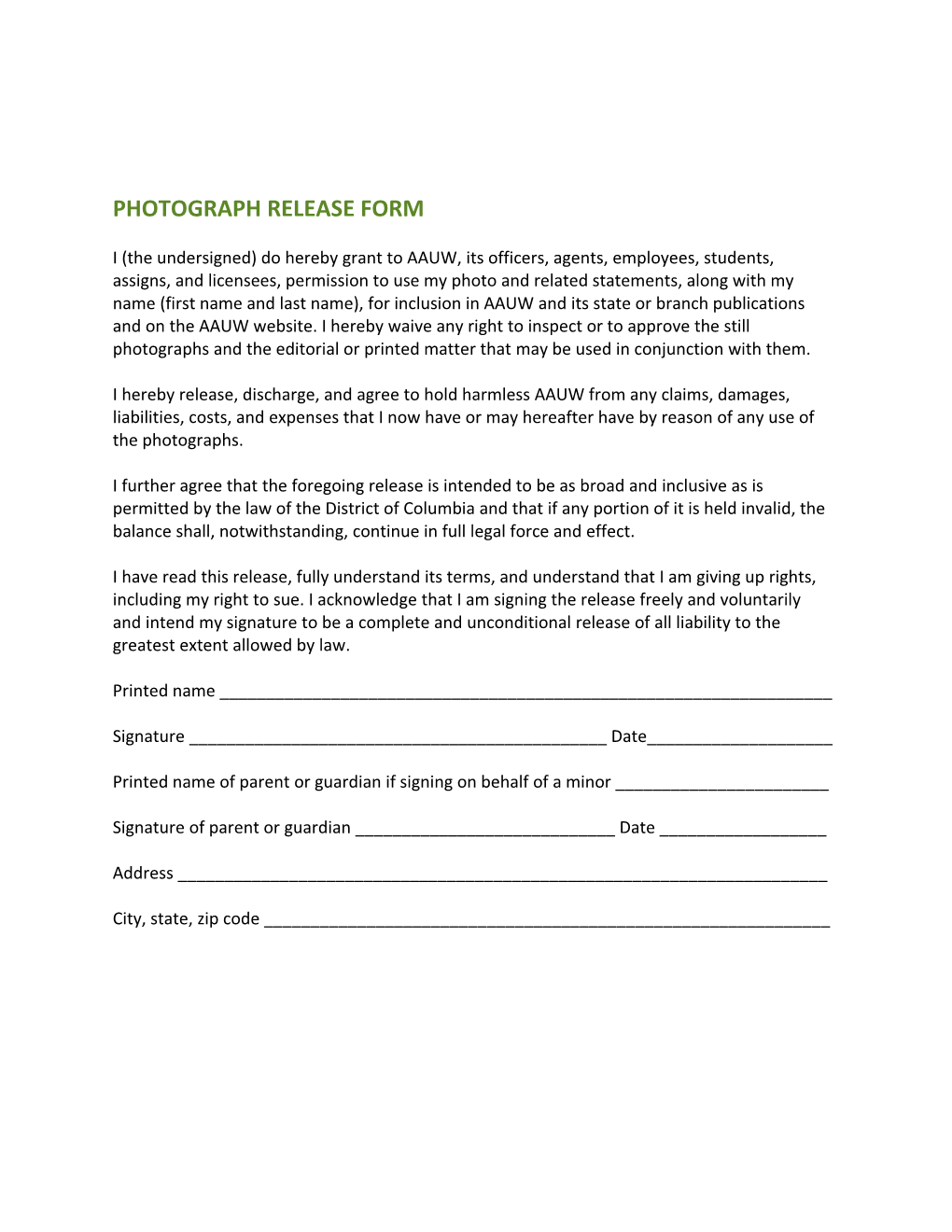 Film, Videotape, And/Or Photograph Release Form