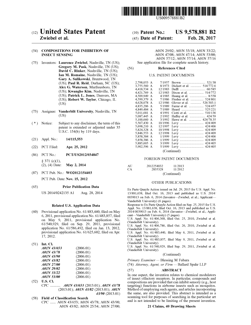 (12) United States Patent (10) Patent No.: US 9,578,881 B2 Zwiebel Et Al