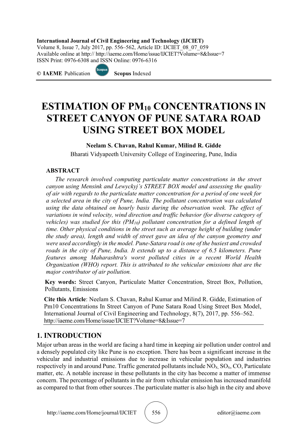Estimation of Pm10 Concentrations in Street Canyon of Pune Satara Road Using Street Box Model