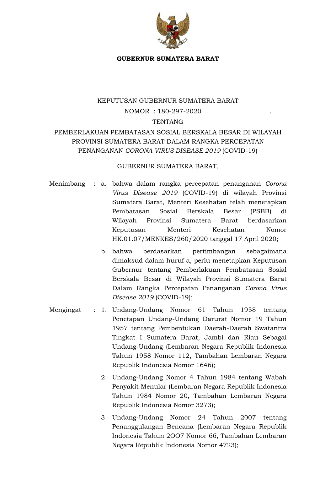 Keputusan Gubernur Sumatera Barat Nomor 180-297-2020 Tahun 2020