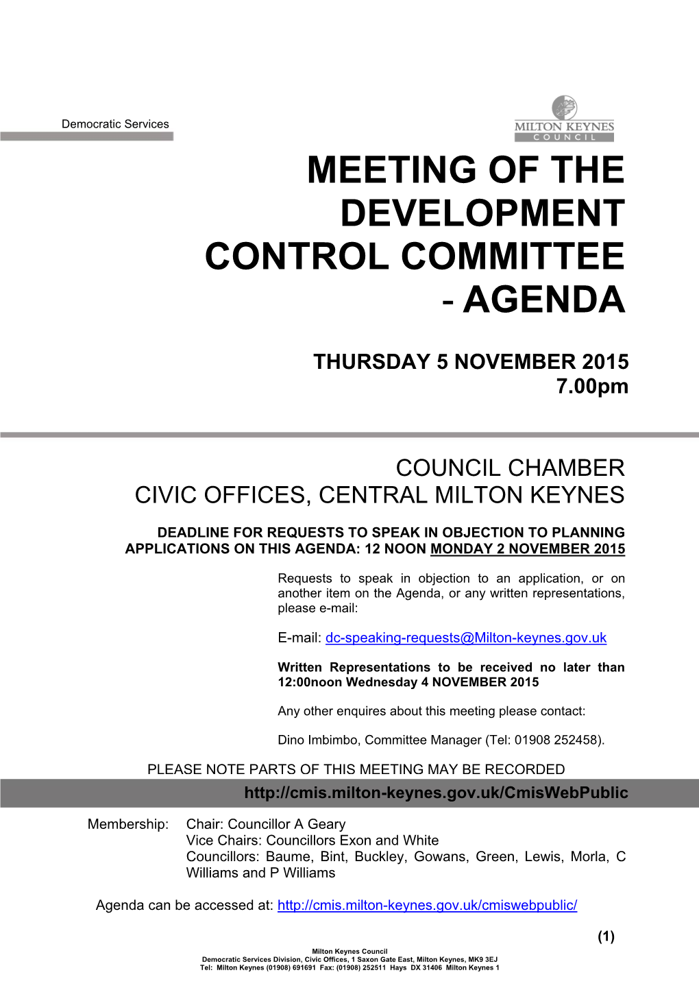 Meeting of the Development Control Committee - Agenda