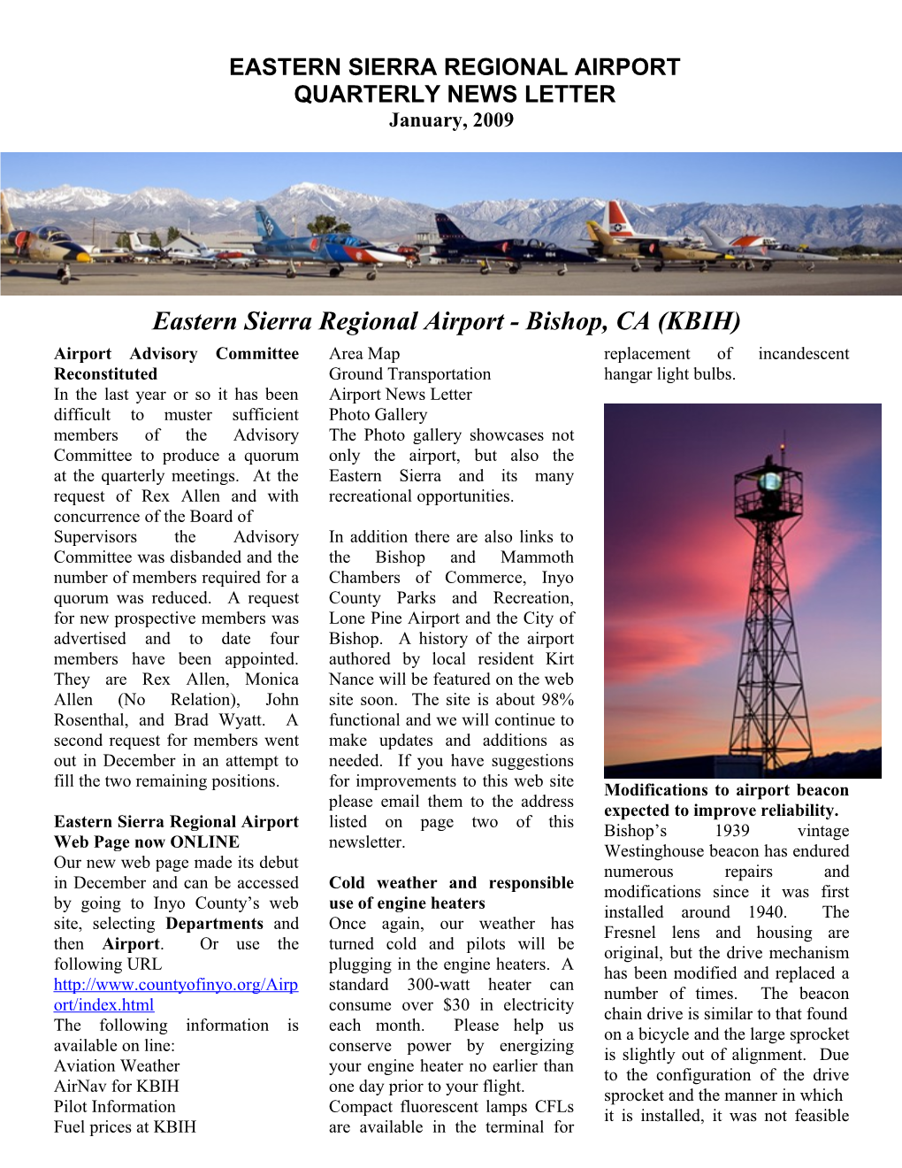 Eastern Sierra Regional Airport Quarterly News Letter