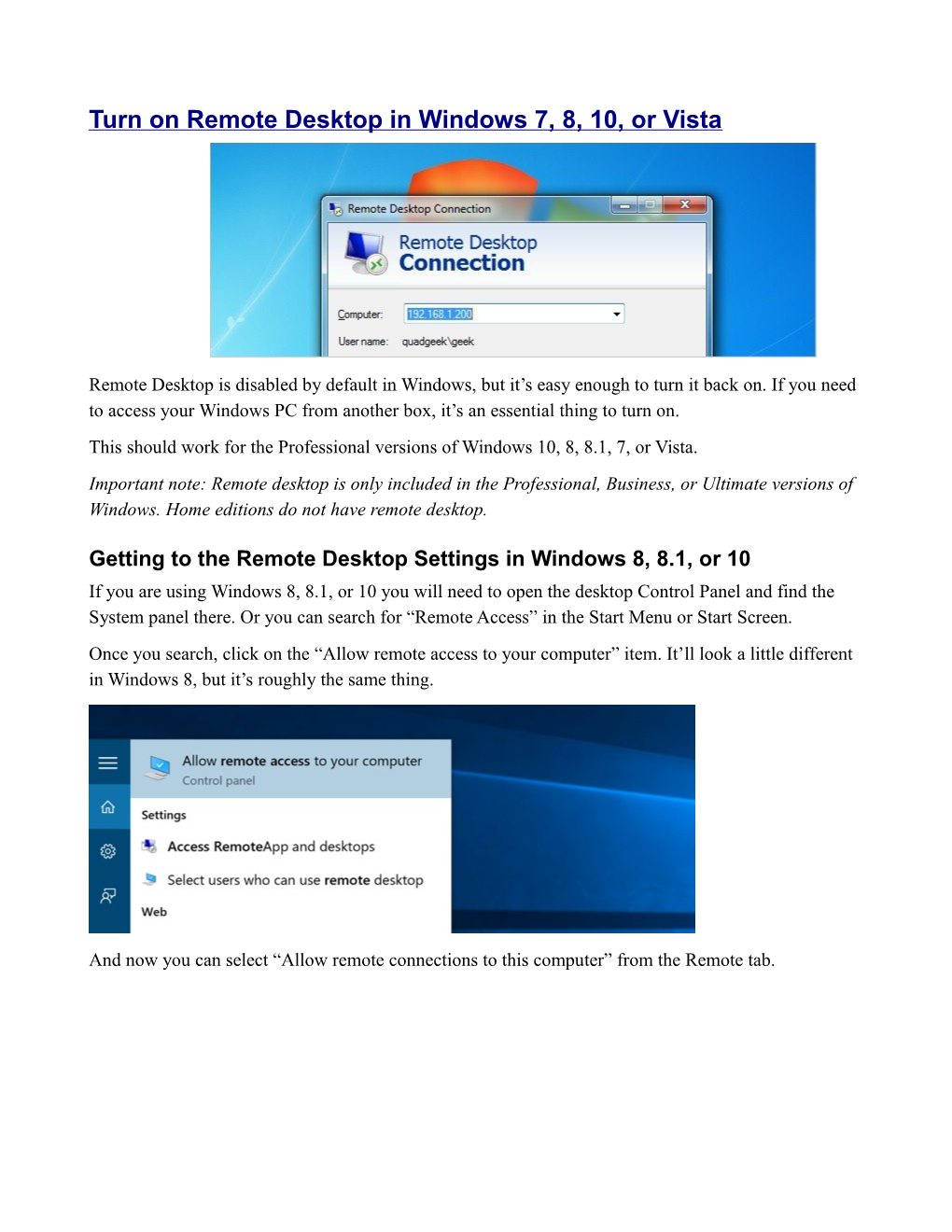 Turn on Remote Desktop in Windows 7, 8, 10, Or Vista