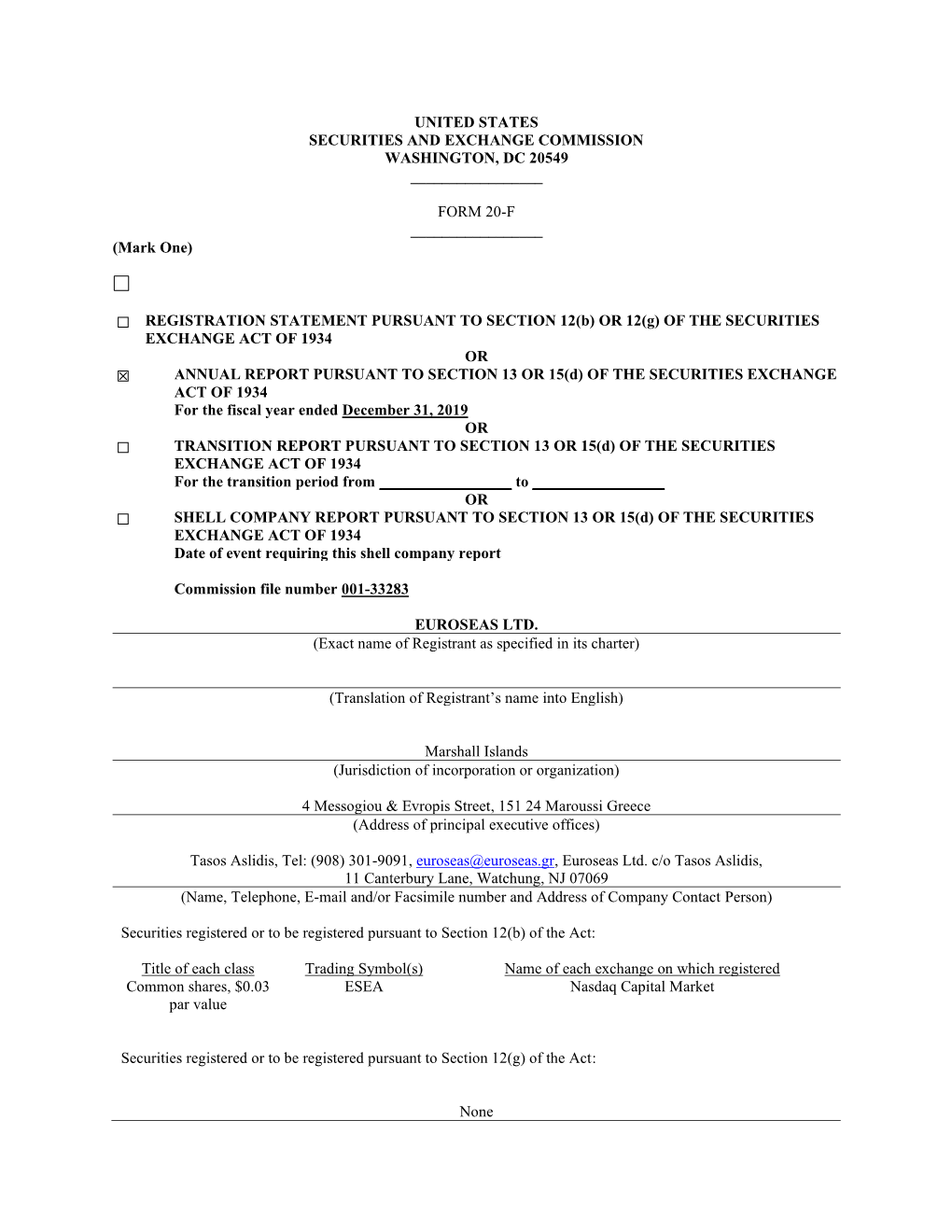 Form 20-F for the Fiscal Year Ended December 31, 2019