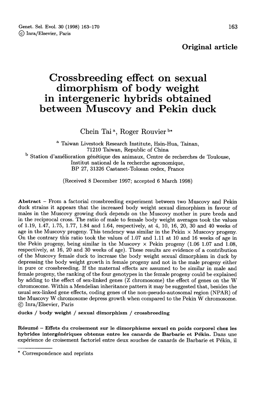 Crossbreeding Effect on Sexual Dimorphism of Body Weight in Intergeneric Hybrids Obtained Between Muscovy and Pekin Duck