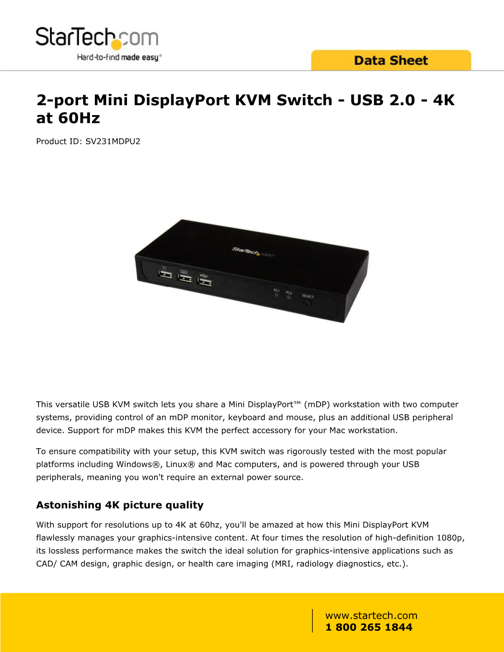 2-Port Mini Displayport KVM Switch - USB 2.0 - 4K at 60Hz