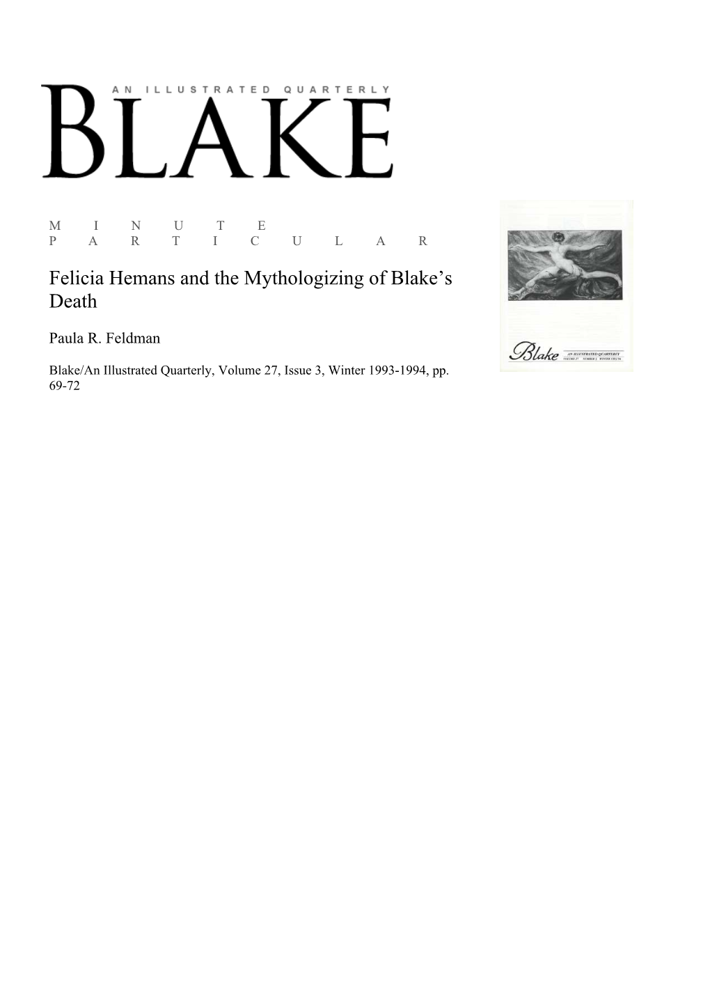 Felicia Hemans and the Mythologizing of Blake's Death