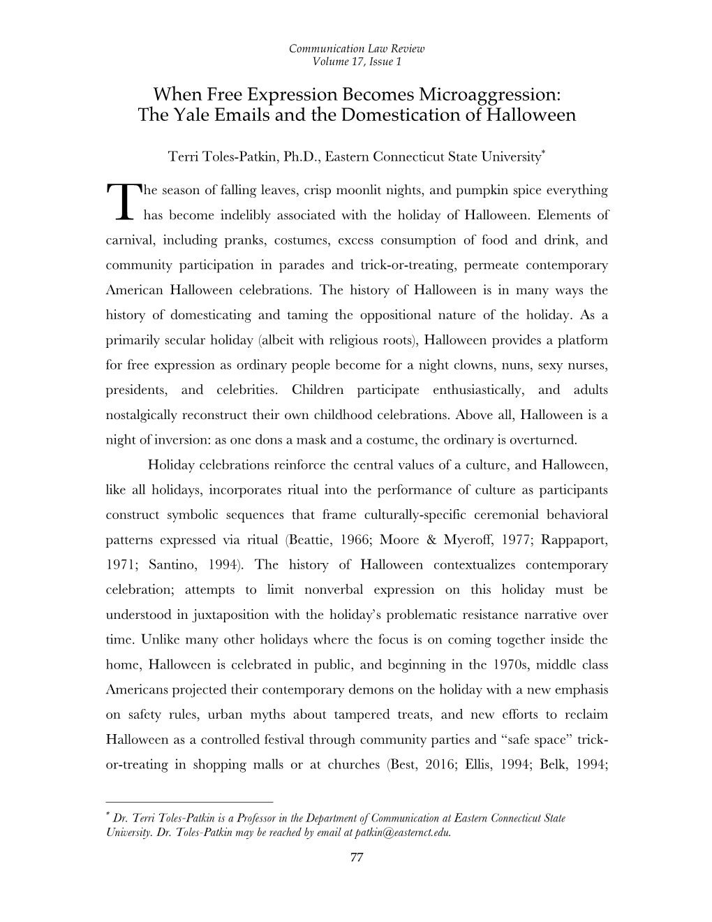 When Free Expression Becomes Microaggression: the Yale Emails and the Domestication of Halloween