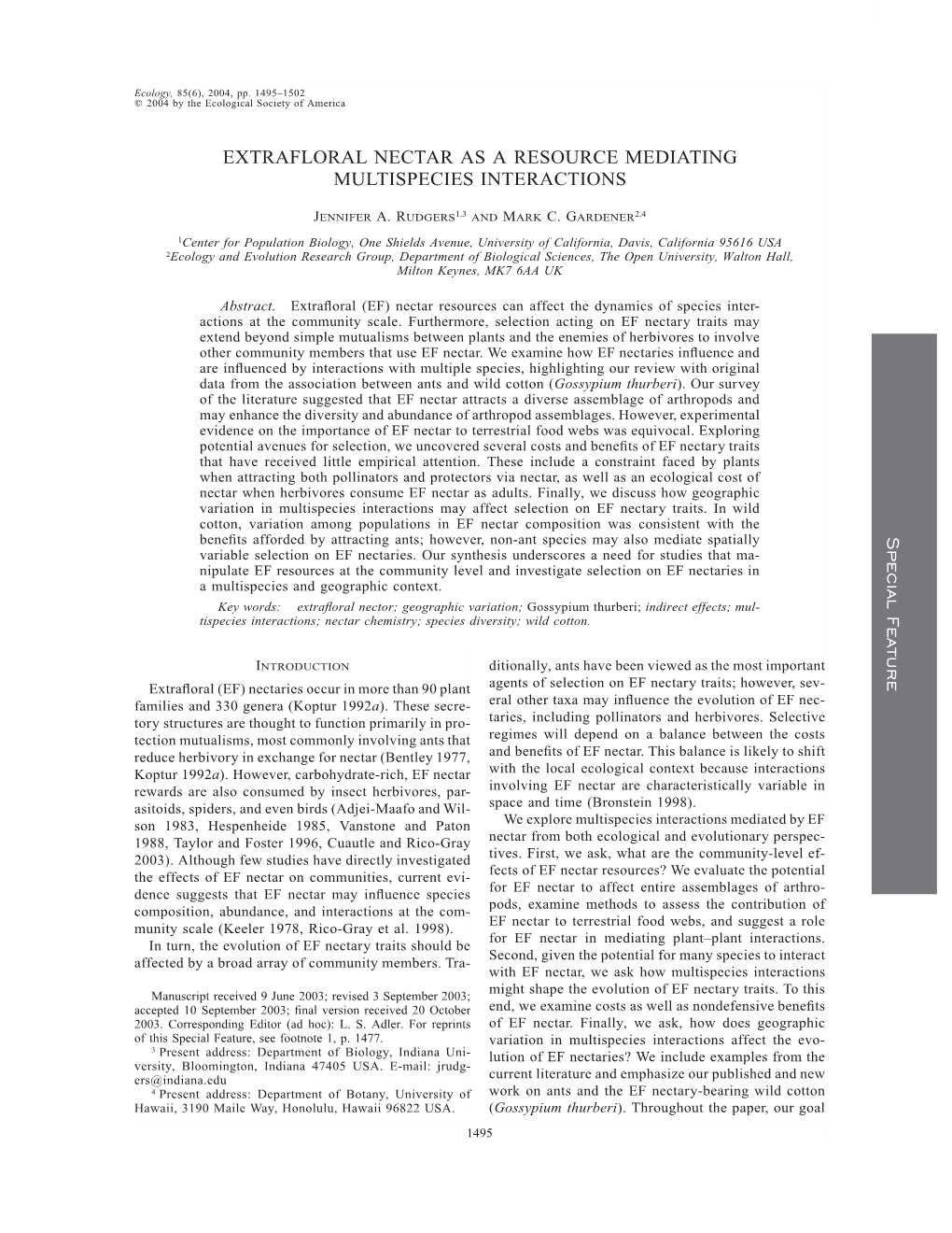 Extrafloral Nectar As a Resource Mediating Multispecies Interactions