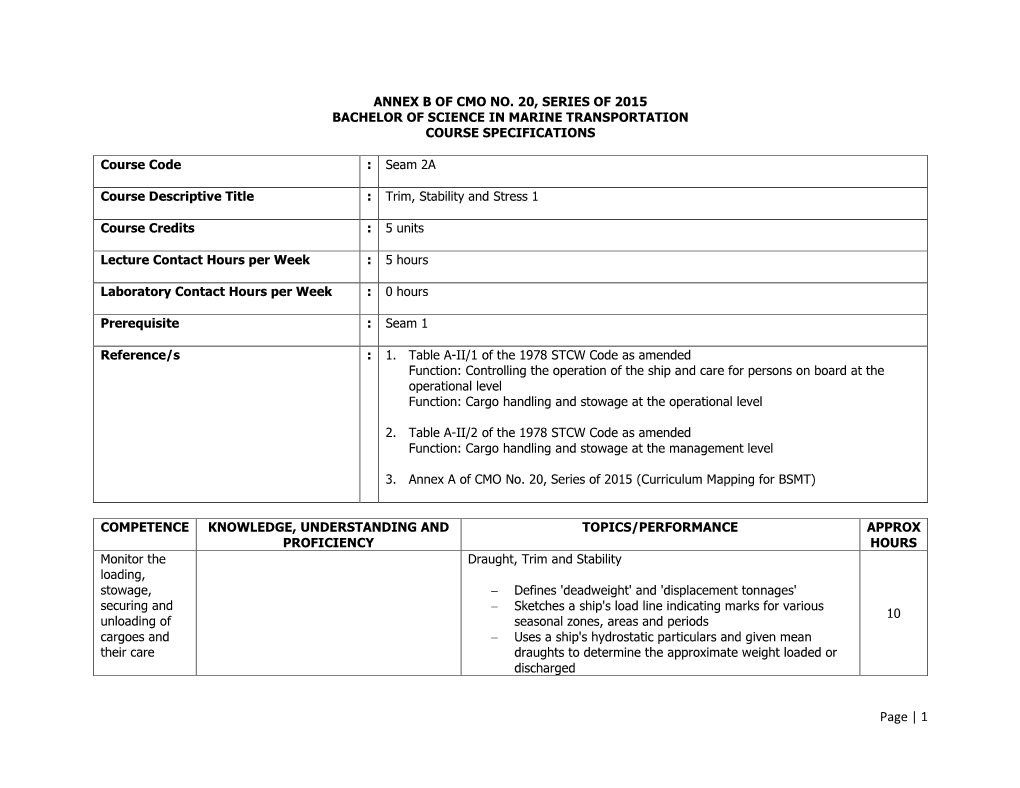 BSMT Course Specifications for Trim, Stability and Stress I