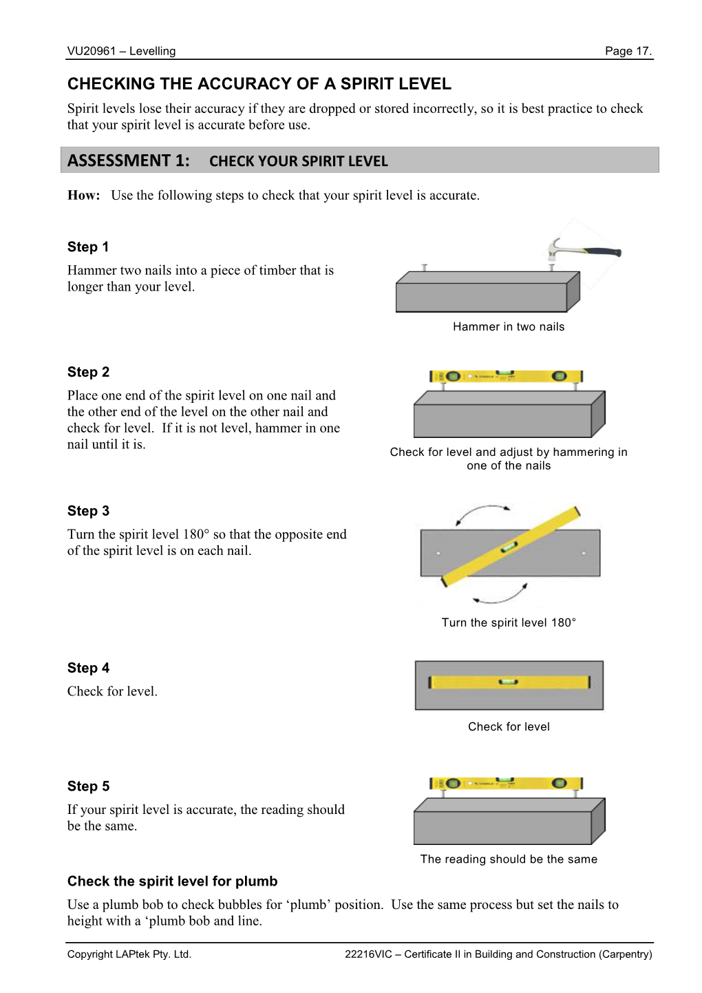 Checking the Accuracy of a Spirit Level Assessment 1