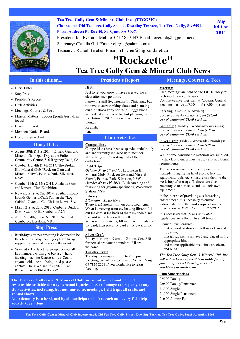 "Rockzette" Tea Tree Gully Gem & Mineral Club News