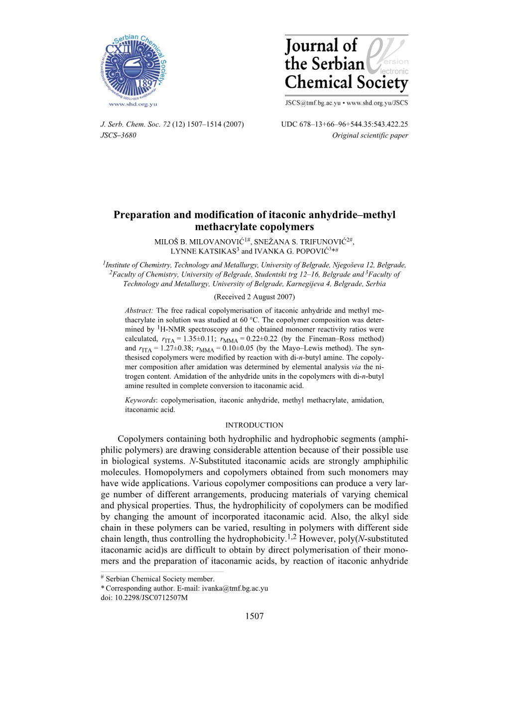 Preparation and Modification of Itaconic Anhydride–Methyl Methacrylate Copolymers MILOŠ B