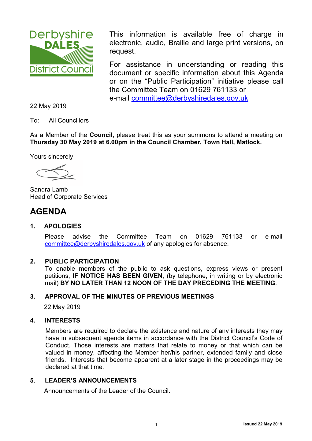 Agenda Or on the “Public Participation” Initiative Please Call the Committee Team on 01629 761133 Or E-Mail Committee@Derbyshiredales.Gov.Uk 22 May 2019