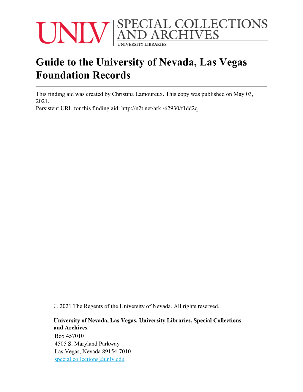 Guide to the University of Nevada, Las Vegas Foundation Records