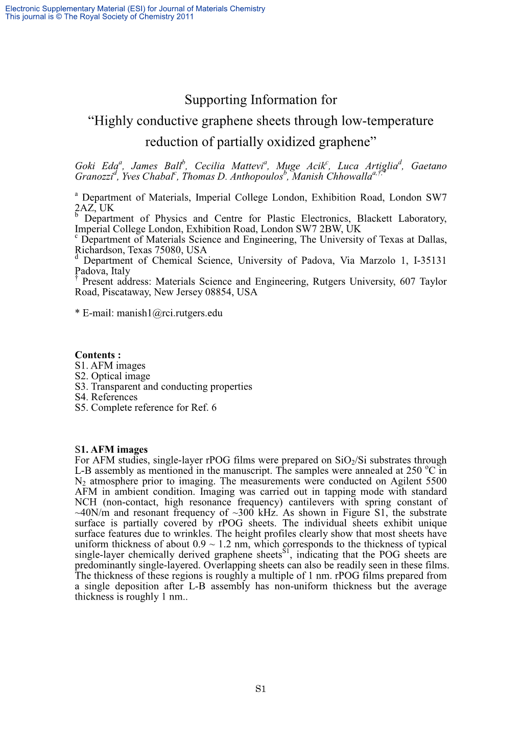 Supporting Information for “Highly Conductive Graphene Sheets Through Low-Temperature Reduction of Partially Oxidized Graphene”