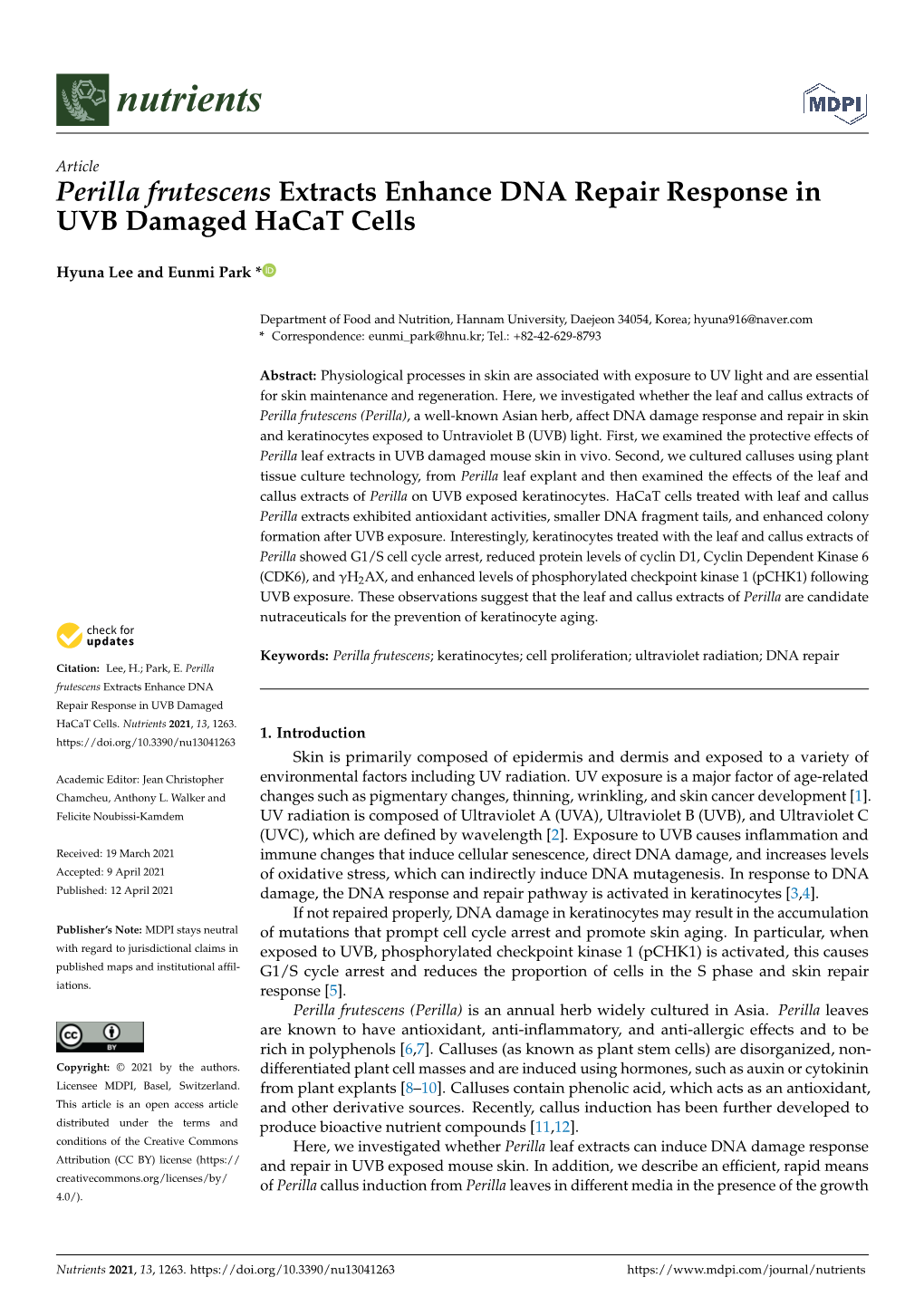 Perilla Frutescens Extracts Enhance DNA Repair Response in UVB Damaged Hacat Cells