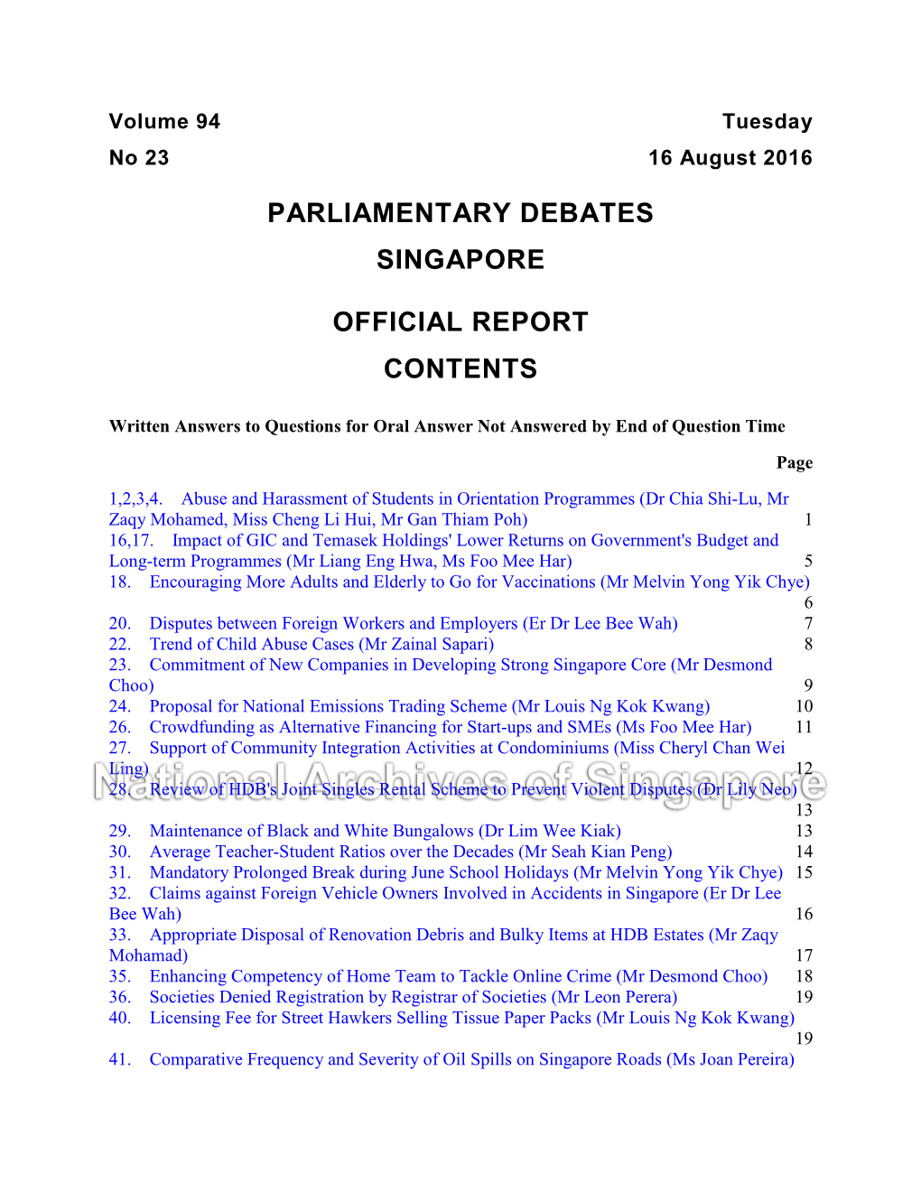 Parliamentary Debates Singapore Official Report Contents