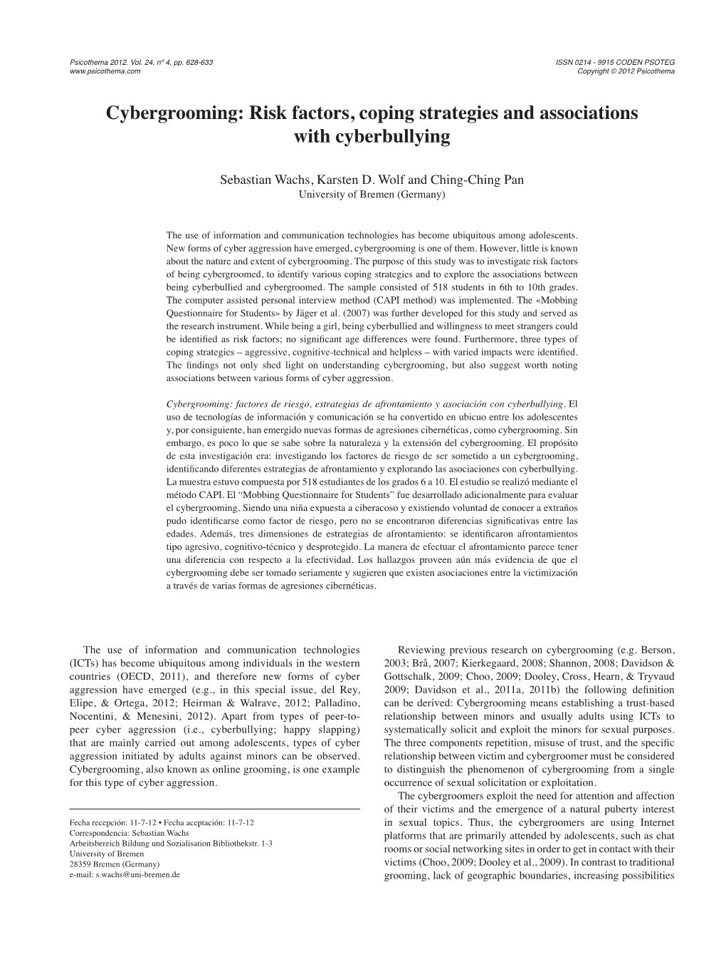 Cybergrooming: Risk Factors, Coping Strategies and Associations with Cyberbullying