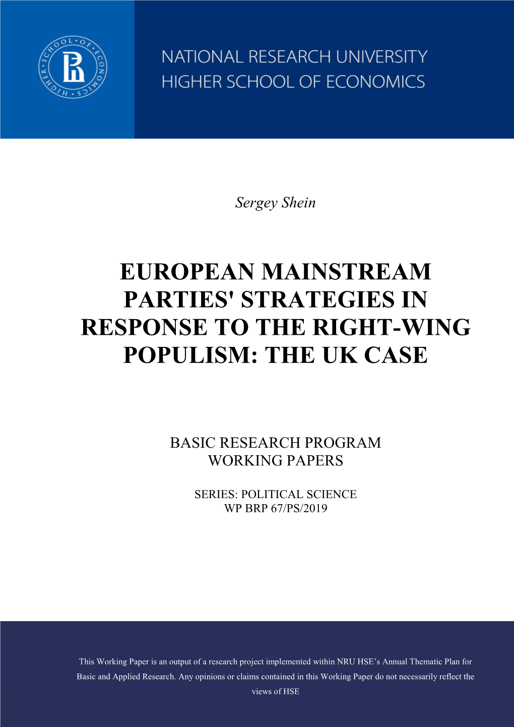 Sergey Shein "European Mainstream Parties' Strategies in Response To