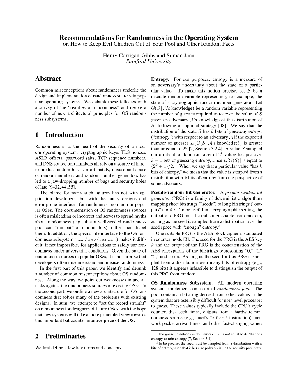 Recommendations for Randomness in the Operating System Abstract 1