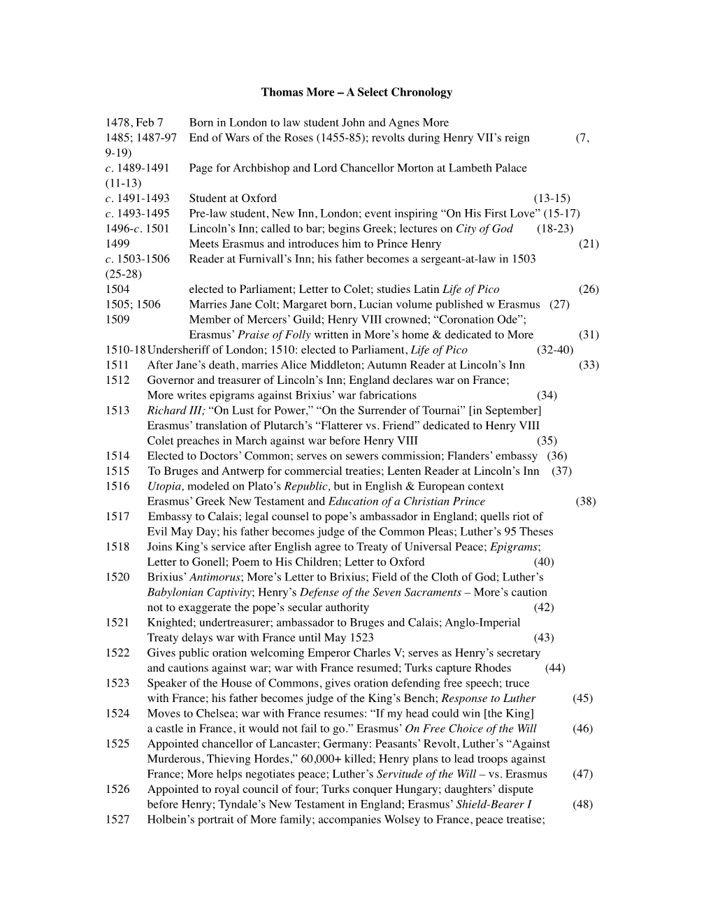 Chronology, TM, 1478 to 1535