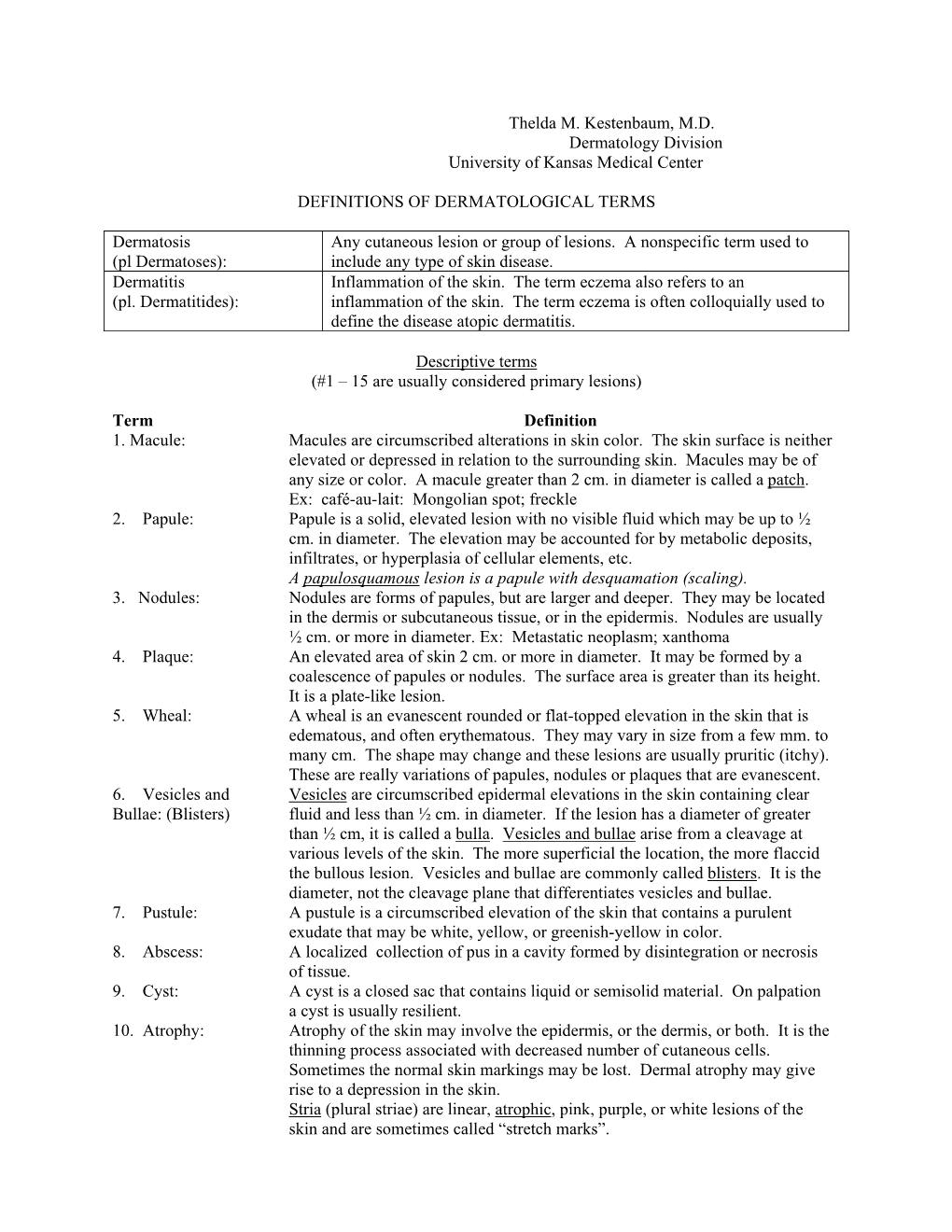 Definitions of Dermatological Terms