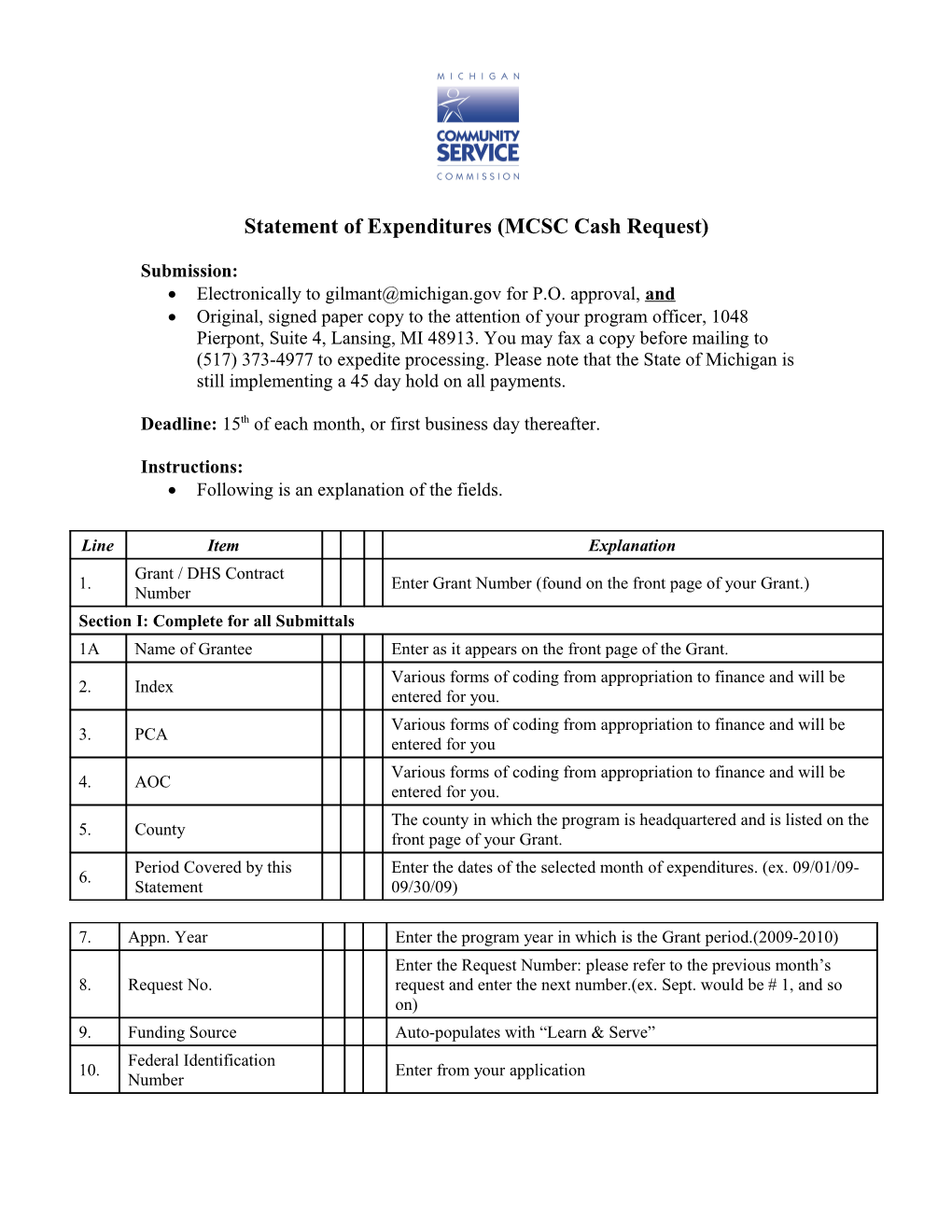 Statement of Expenditures (MCSC Cash Request)