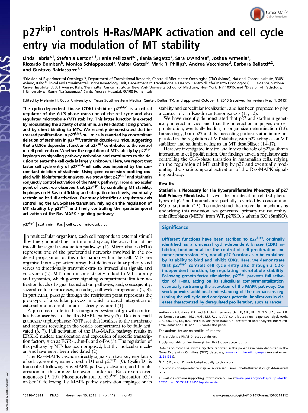 P27 Controls H-Ras/MAPK Activation and Cell Cycle Entry Via Modulation