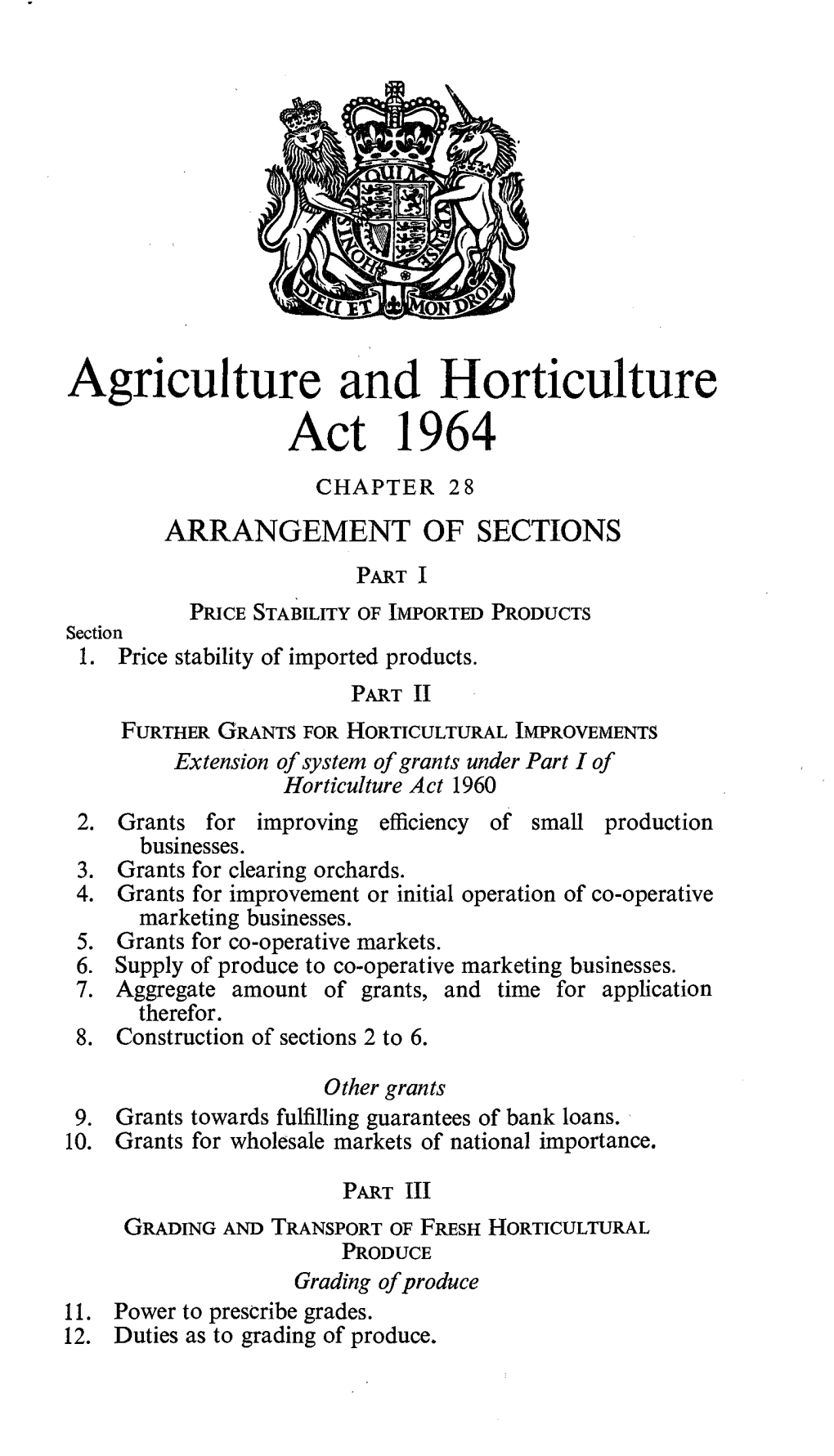 Agriculture and Horticulture Act 1964 CHAPTER 28 ARRANGEMENT of SECTIONS PART I PRICE STABILITY of IMPORTED PRODUCTS Section 1