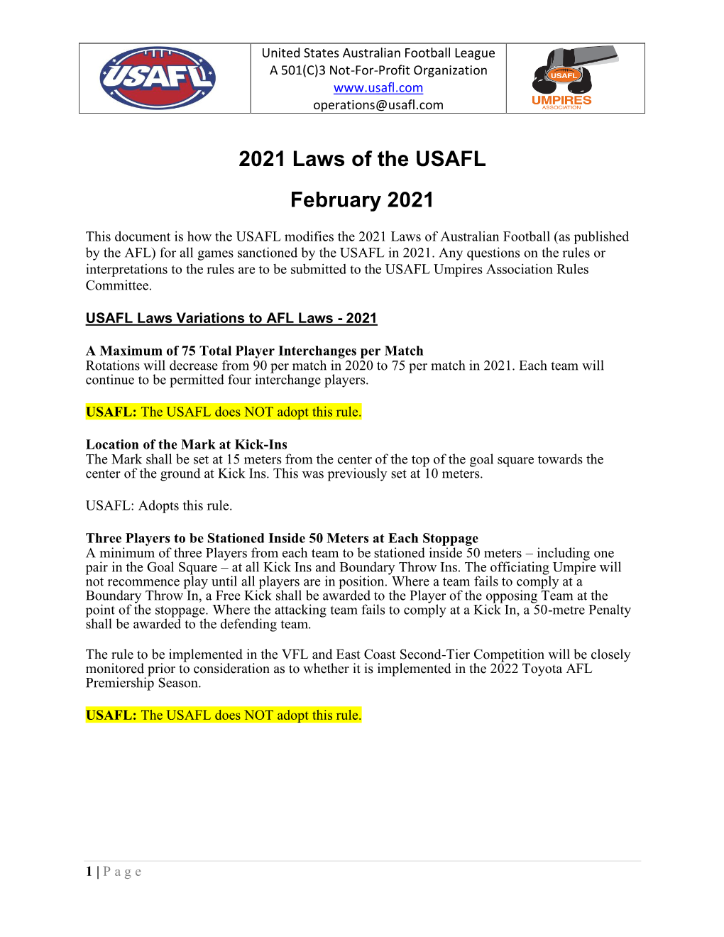 2021 Laws of United States Australian