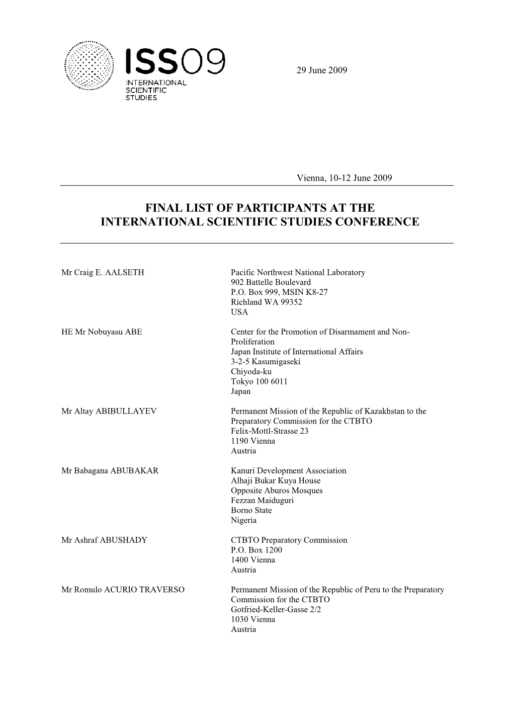 Final List of Participants at the International Scientific Studies Conference