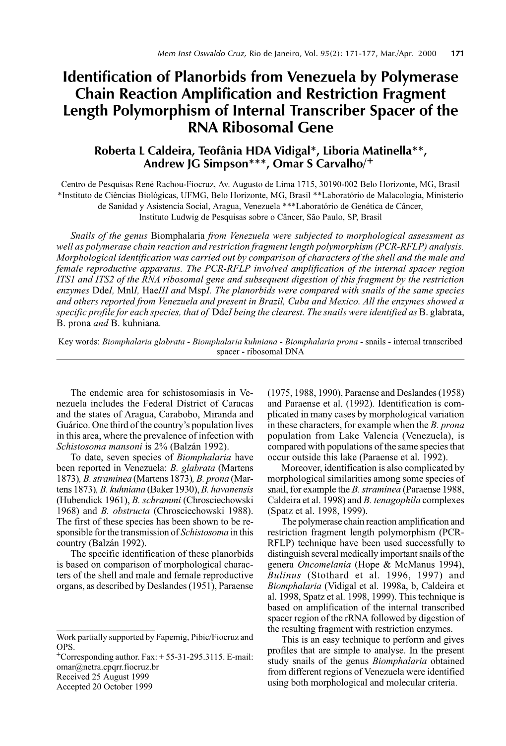 Identification of Planorbids from Venezuela by Polymerase Chain