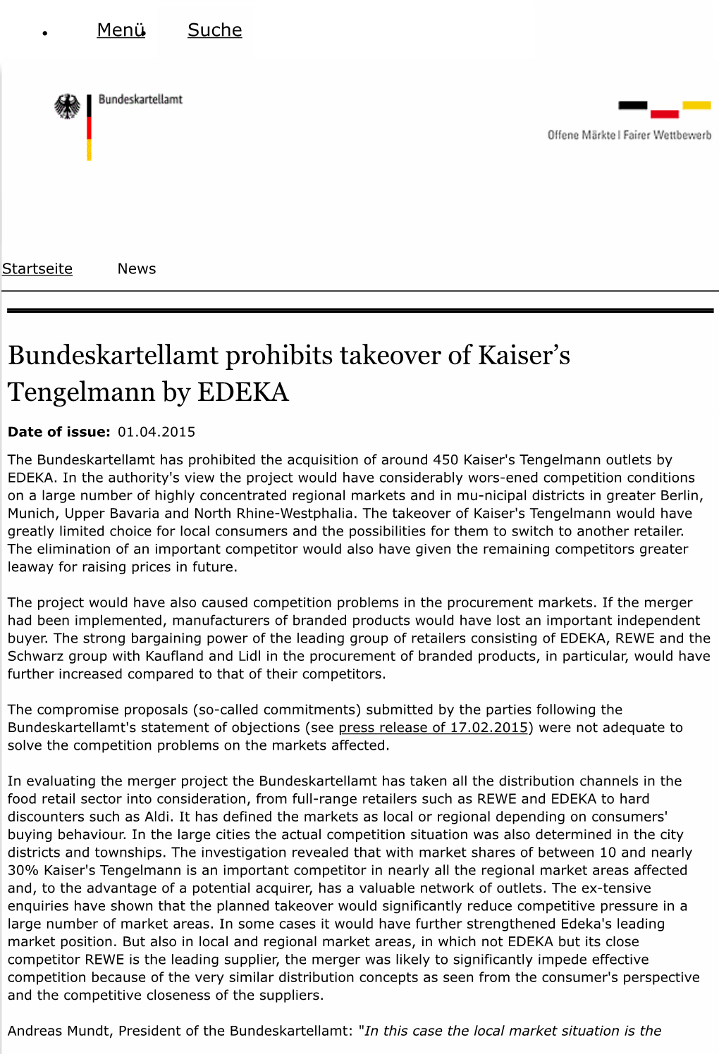 Bundeskartellamt Prohibits Takeover of Kaiser's Tengelmann by EDEKA