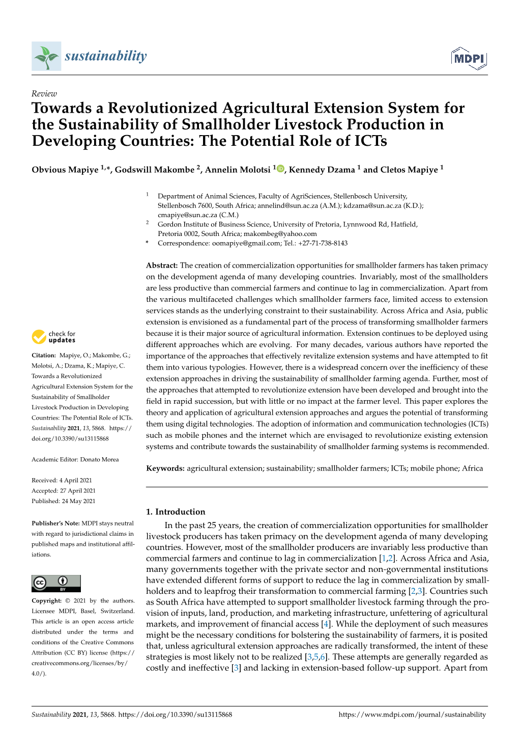 Towards a Revolutionized Agricultural Extension System for the Sustainability of Smallholder Livestock Production in Developing Countries: the Potential Role of Icts
