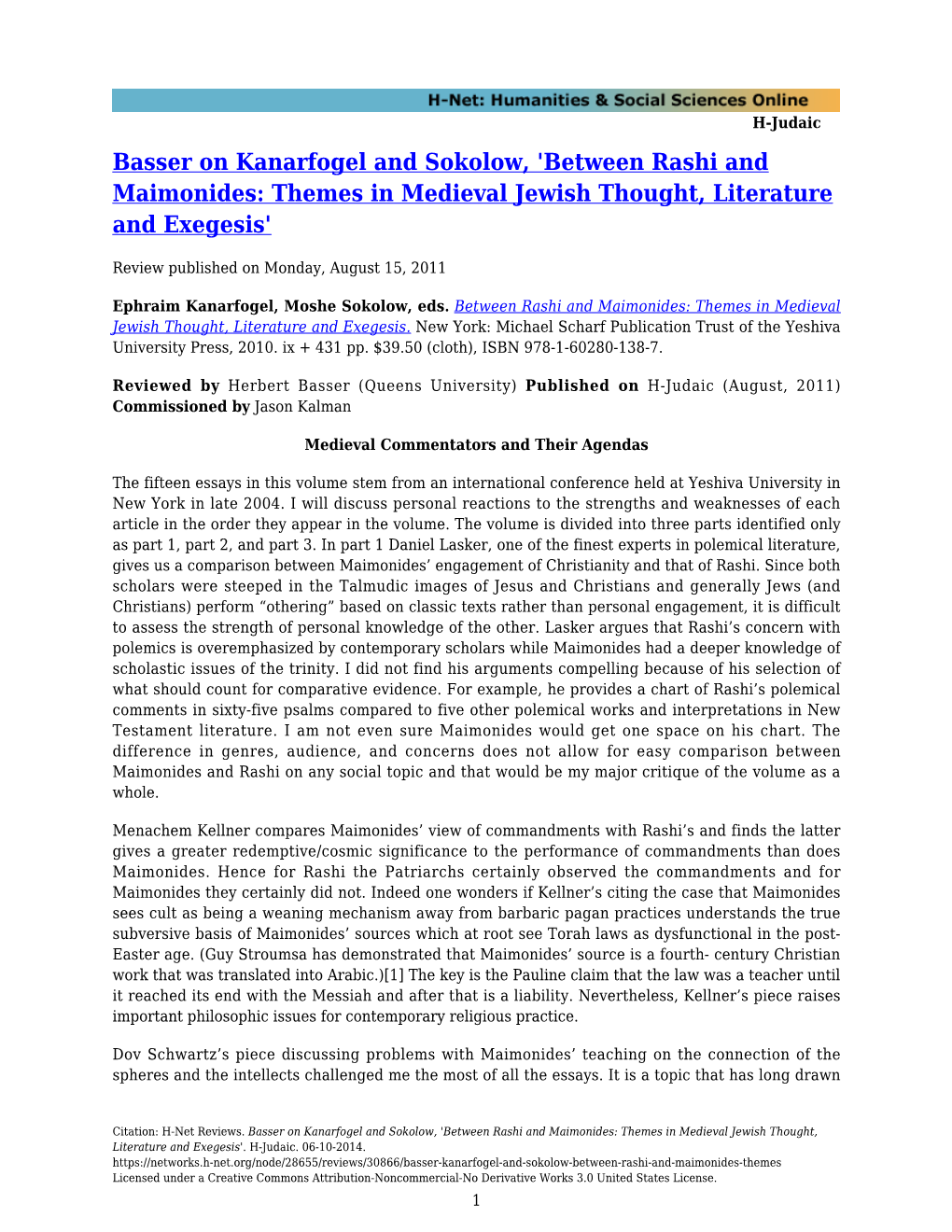 Basser on Kanarfogel and Sokolow, 'Between Rashi and Maimonides: Themes in Medieval Jewish Thought, Literature and Exegesis'