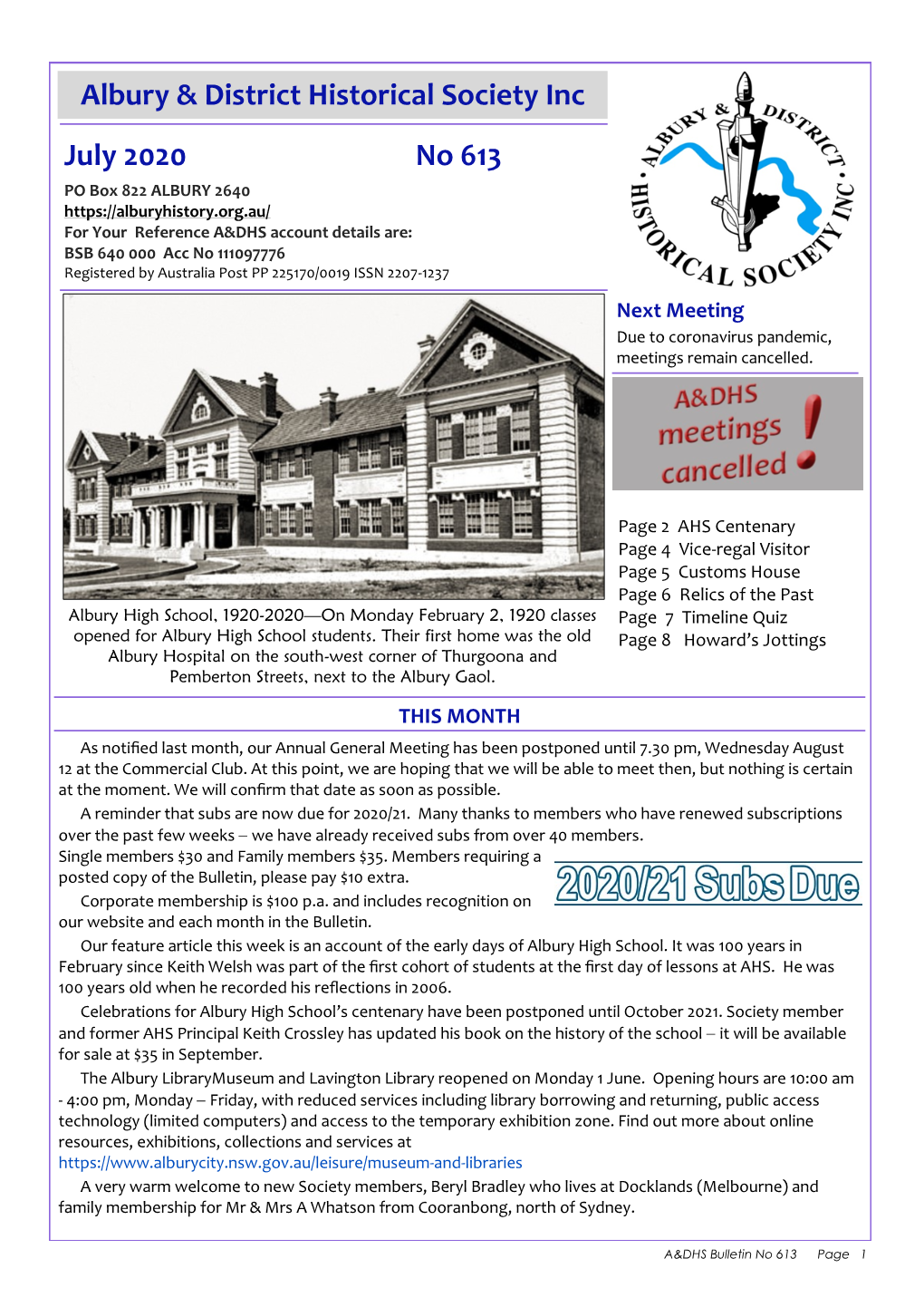 Albury & District Historical Society Inc July 2020 No
