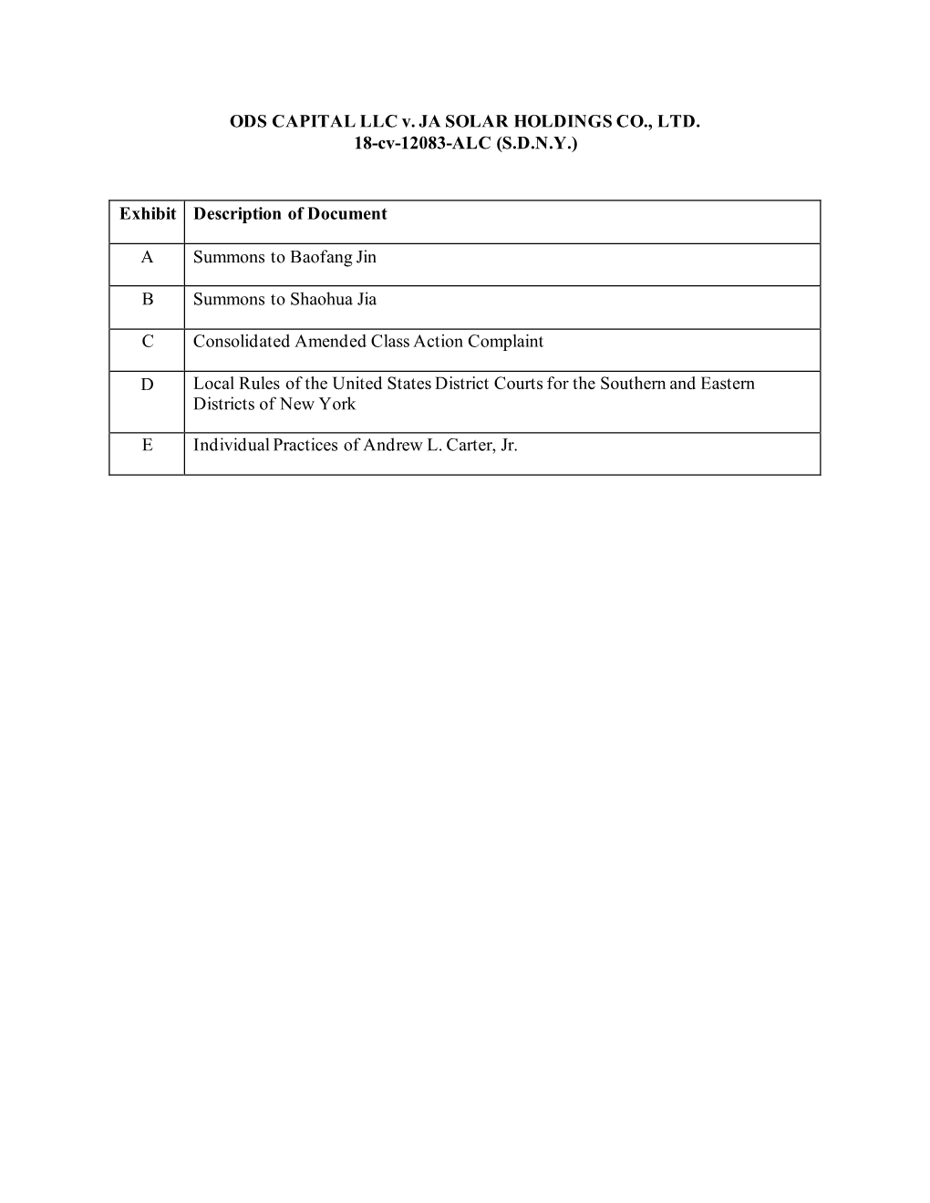 ODS CAPITAL LLC V. JA SOLAR HOLDINGS CO., LTD. 18-Cv-12083-ALC (S.D.N.Y.)